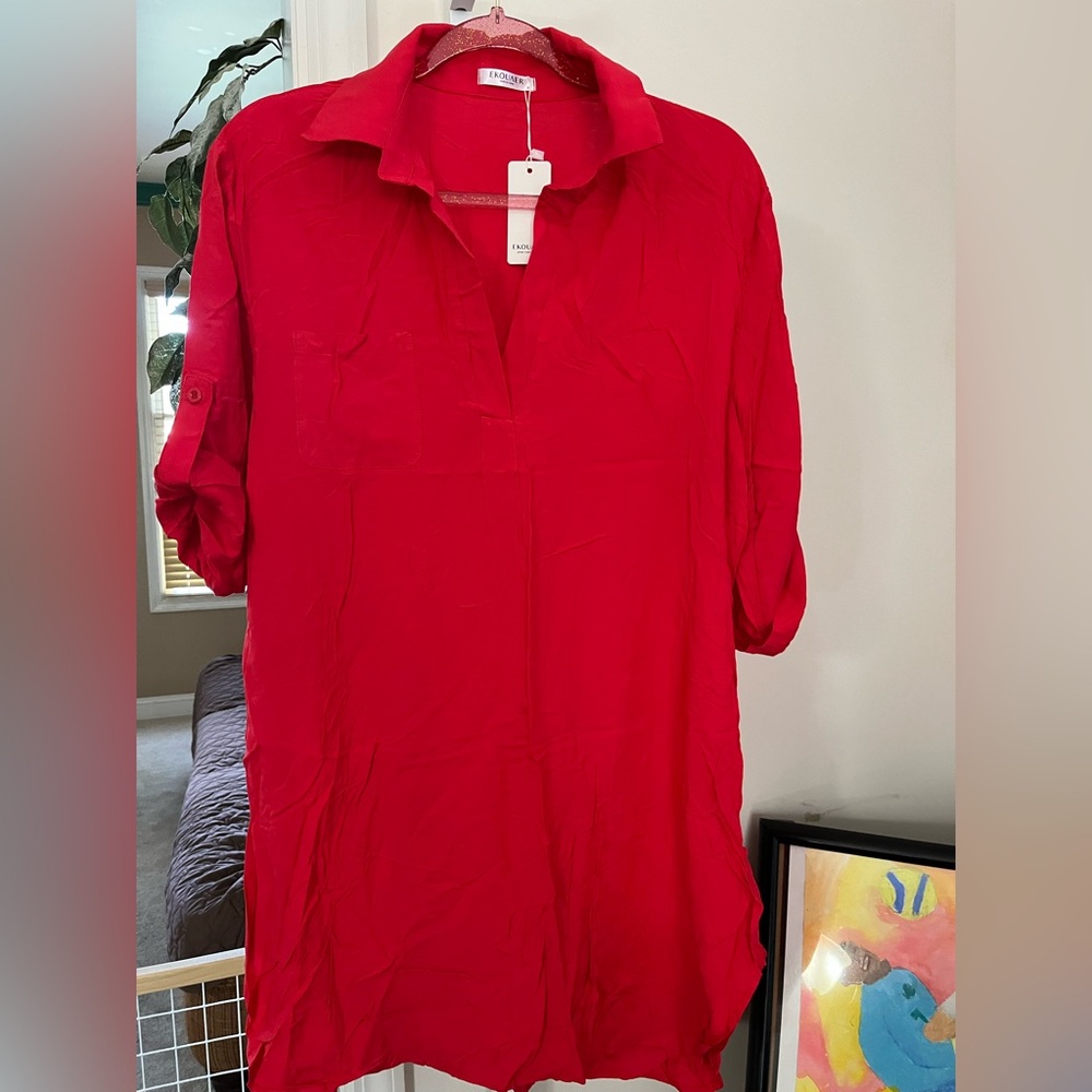 EKOUNER SHIRT DRESS COVER-UP. RED. NWT .SIZE SMALL
